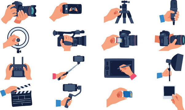 Camera, video, and photography icons, hand holding devices, film production symbols, 20 vector graphics