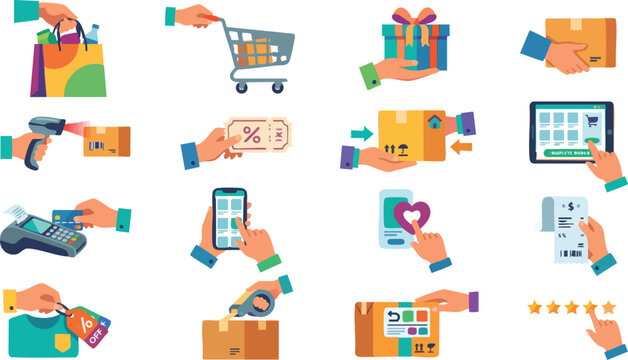E-commerce icons, online shopping graphics, payment symbols, digital store elements, 16 vector illustrations