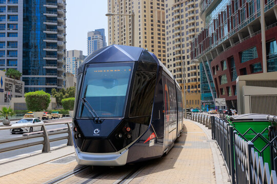 A Dubai Tram running through the Dubai Marina district on August 16, 2025 in Dubai, United Arab Emirates.