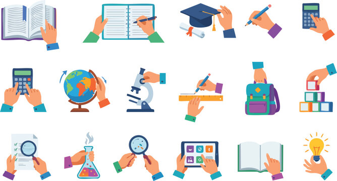 Education icons, school symbols, learning illustrations, hand-drawn graphics, colorful set