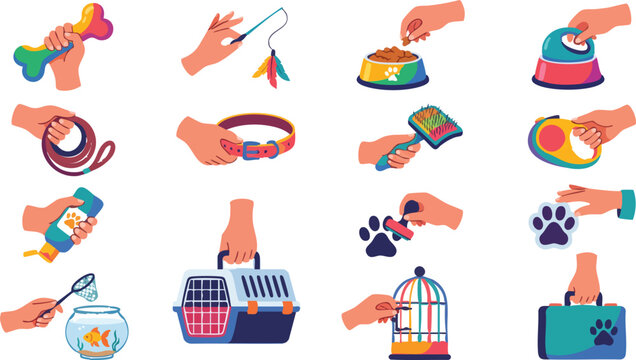 Pet accessories icons, colorful pet care, pet supplies, 16 vector illustrations