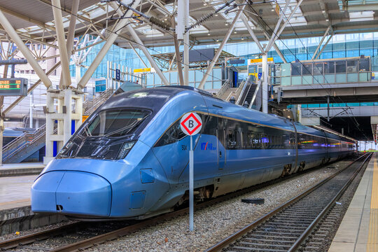 A Korea Train Express (KTX) high-speed train at the platform at Seoul Station on July 5, 2025 in Seoul, South Korea.