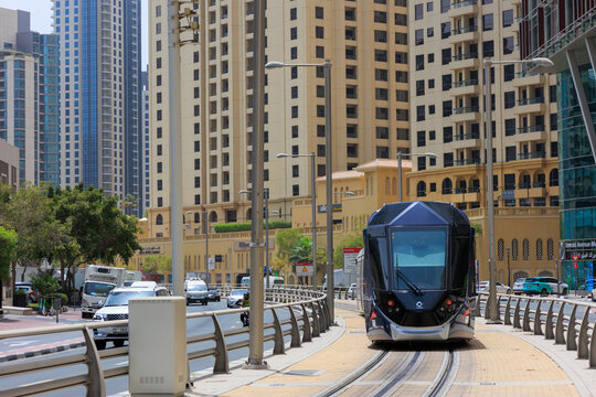 A Dubai Tram running through the Dubai Marina district on August 16, 2025 in Dubai, United Arab Emirates.