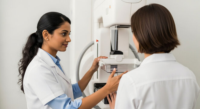 Indian female doctor performing mammogram screening for woman patient using professional medical diagnostic equipment in modern clinic for breast cancer prevention.