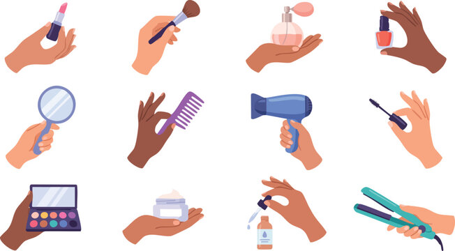 Beauty, makeup, and haircare icons, 12 vector graphics, hands holding products