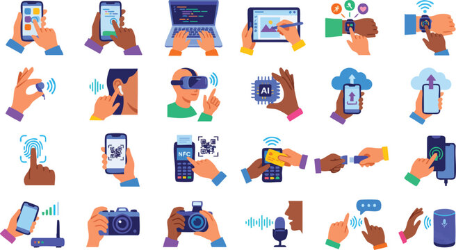 Mobile devices, technology icons, vector graphics, 25 elements