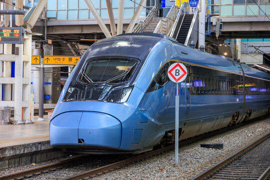 A Korea Train Express (KTX) high-speed train at the station platform at Seoul Station on July 5, 2025 in Seoul, South Korea.