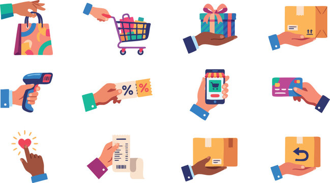 E-commerce icons, payment symbols, shopping graphics, mobile payment illustrations, 12 vector elements