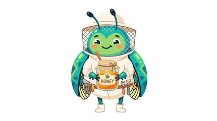 Obraz premium Cute Bee Beekeeper Holding Honey Jar with Tools, Cartoon Character, White Background