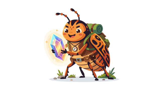 Cute adventurer beetle holding magic crystal, cartoon illustration
