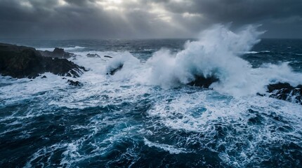 Naklejka premium Turbulent deep sapphire blue ocean waves crashing with intense white foam capturing the raw power of a stormy sea from a high perspective.
