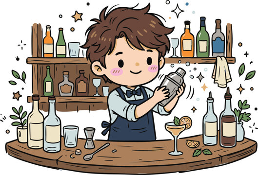 Cute chibi-style artwork featuring a professional bartender preparing a cocktail behind a modern bar counter using classic bartending tools