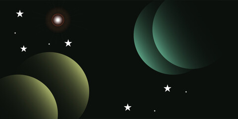 Two planets are partially illuminated with a crescent of light against the vast darkness of space, one glowing yellow-green and the other teal. © ferdi