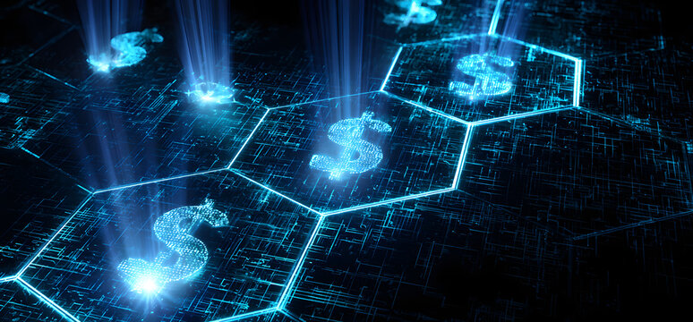 shiny beams of light, dollar symbols, and a digital grid on a hexagram background, representing futuristic financial technology concepts, including stablecoins and blockchain
