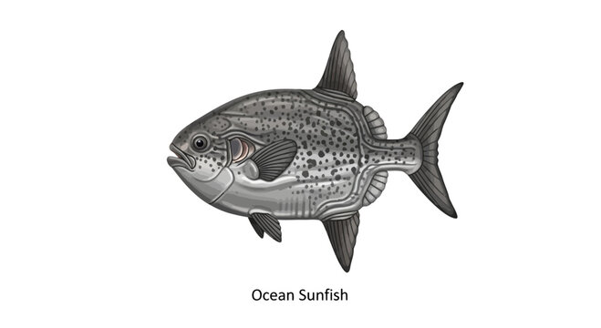Detailed Biological Illustration of a Large Pelagic Opah Fish Featuring Distinctive Round Body Shape and Silver Scales Isolated on White Background