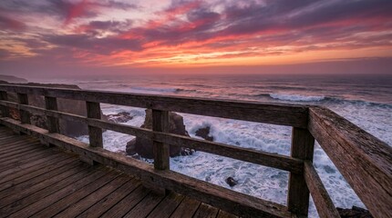 Fototapeta premium Weathered oak boardwalk railing overlooking a dramatic twilight ocean with crashing waves under a brilliant magenta and orange sunset sky.