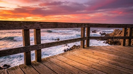 Obraz premium Weathered oak boardwalk railing overlooking a dramatic twilight ocean with crashing waves under a brilliant magenta and orange sunset sky.