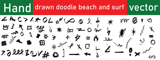 Hand drawn doodle beach and surf vector illustration set. Tropical naive coastal elements like palm trees, waves, surfboards, and sun perfect for summer designs, t-shirts, posters, and placard prints © mofizur