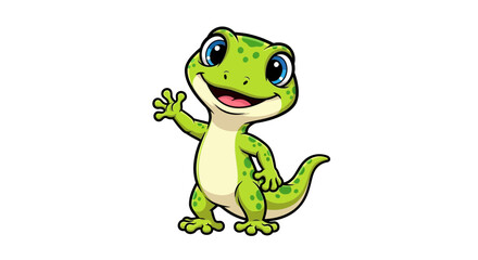 Fototapeta premium A vibrant and friendly cartoon green gecko character illustration, featuring bright blue eyes, a happy smile, and a playful wave, perfect for cheerful and adorable design projects