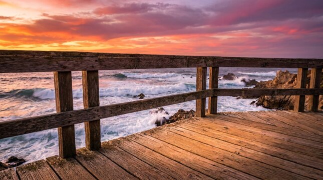 Weathered oak boardwalk railing overlooking a dramatic twilight ocean with crashing waves under a brilliant magenta and orange sunset sky.