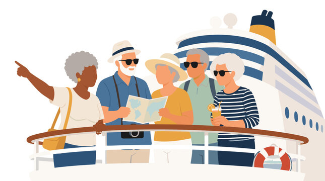 Group of elderly travelers studying a map on cruise ship deck.
