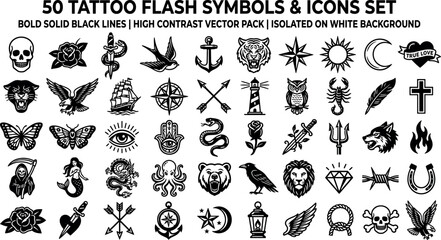 Obraz premium Tattoo flash art symbols and traditional graphics set featuring bold solid black outline skull rose dagger anchor vector elements