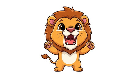 Fototapeta premium Adorable Cartoon Lion Cub Character Standing With Arms Raised Isolated on a White Background for Childrens Design