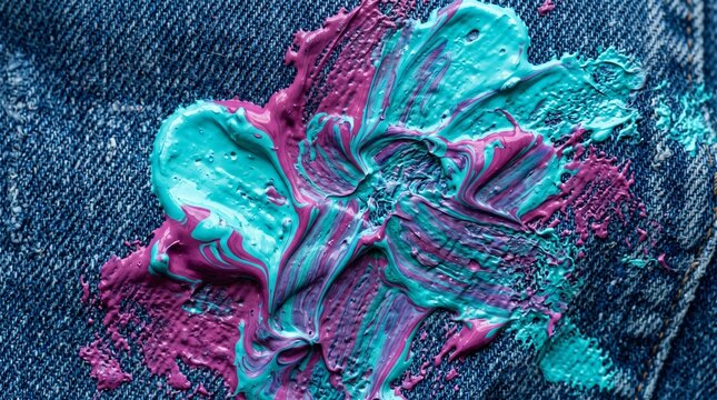 detailed Macro photo of turquoise magenta paint on denim showing abstract micro structural details and textures with professional studio lighting