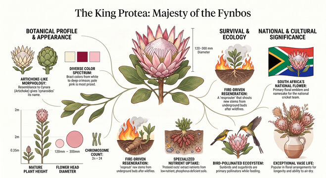 Educational infographic exploring the king protea, its botany, ecology, pollination, cultivation and South African floral heritage.