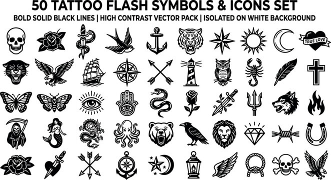 Tattoo flash art symbols and traditional graphics set featuring bold solid black outline skull rose dagger anchor vector elements