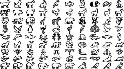 Universal animal kingdom outline icon set featuring domestic pets farm livestock wild safari creatures marine life and insects vector symbols © MDSOHAG