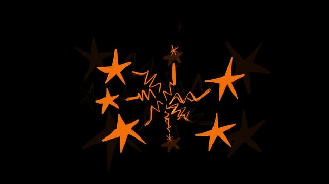 Hand-drawing orange arrows and stars on a black background. Stock animation with 2D fireworks in Full HD.