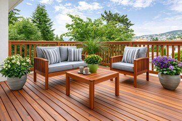 Fototapeta premium Outdoor patio furniture set on wood deck