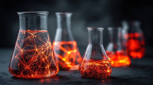 Laboratory Glass Beakers With Glowing Orange Liquid
