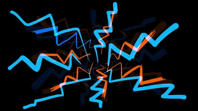 Stock animation of colorful cartoon curved lines on a black background. Dynamic effect with orange and blue lightning in Full HD.