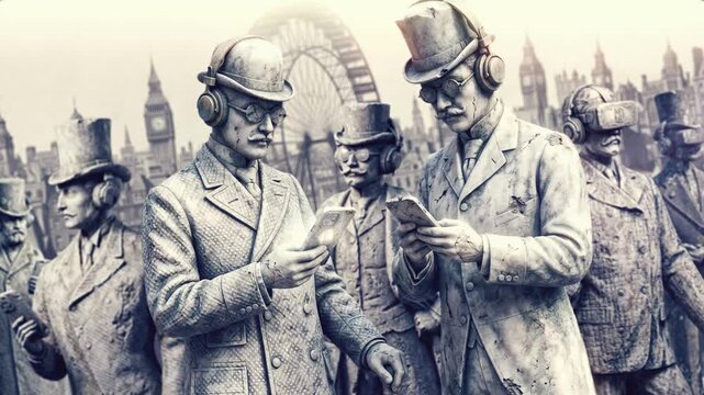 A vintage themed sequence featuring old relic stone statues of Victorian style gentlemen holding smartphones and wearing smart technologies.
