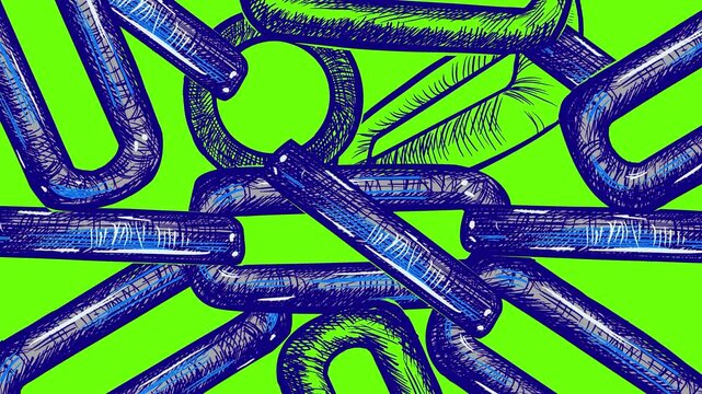 Hand-drawing blue metal chains on a green background. Stock animation of chains locking in close up. Tying effect in 4K.