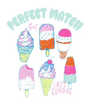 Hand Drawing Ice Cream Vector illustration art. Summer Food Fashion. Ice cream print design. cone ice cream, girl's fashion Graphics. Tee Shirt, Sweat Shirt, poster, banner use this artwork. 