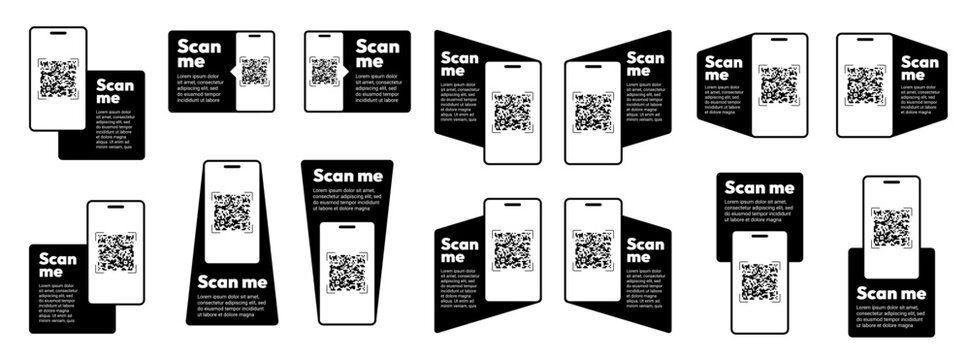 Scan here QR code button icon frame design vector. Mobile screen phone camera barcode reader badge template arrow pointer set. Quick payment modern retail store buy service element.