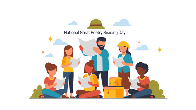 People of different ages and ethnicities reading books together outdoors on National Great Poetry Reading Day