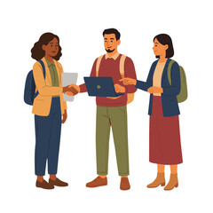 Fototapeta premium Three people, a woman and two men, are engaged in a conversation with one man holding a laptop and another shaking the woman's hand.