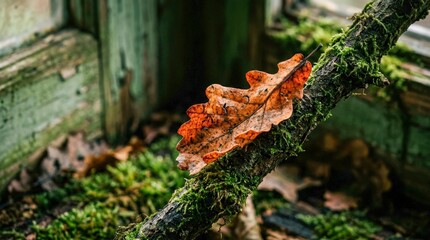 Fototapeta premium Autumn Oak Leaf on Mossy Tree Branch.