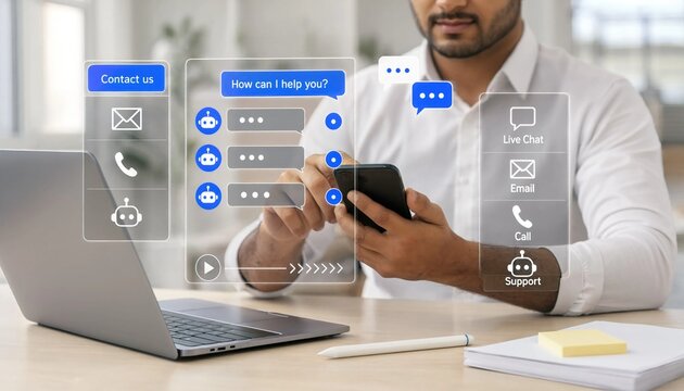 AI workflow Chat interface automation AI assistant messages, contact options and bot interacts on smartphone omnichannel customer support and service automation.