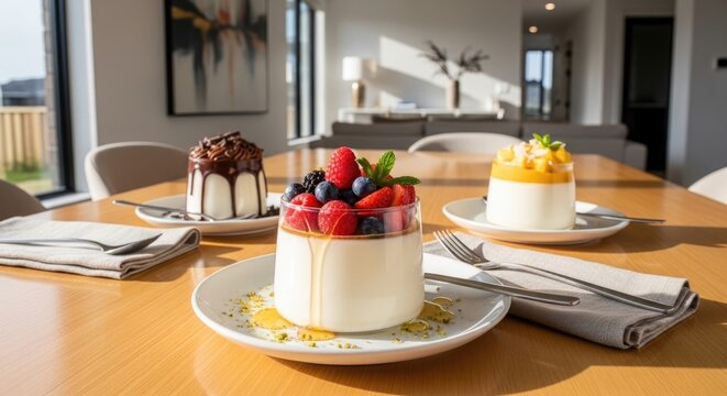 Elegant berry-topped mini cake served on a decorative plate with other desserts on a modern dining table in a bright interior