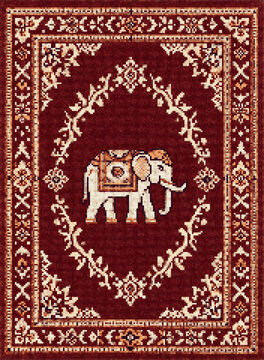 Indian Mughal Cross-Stitch Elephant Rug Pattern - Ornate Needlepoint Carpet Embroidery Chart, Pixel Indian Tapestry for Cushion, Blanket, Wall Hanging & Home Decor