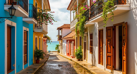 Fototapeta premium Colorful colonial street in a tropical coastal town. Sunlight on wet cobblestones.