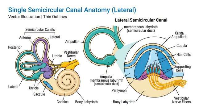 Anatomical illustration showing lateral view of single semicircular canal inner ear system.