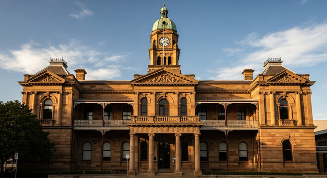 Historic sandstone courthouse building with clock tower at sunset