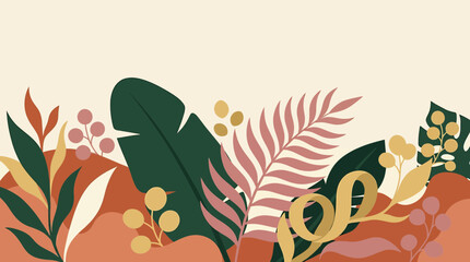 Vibrant Tropical Landscape illustration of colorful leaves and plants on orange background © Crushin