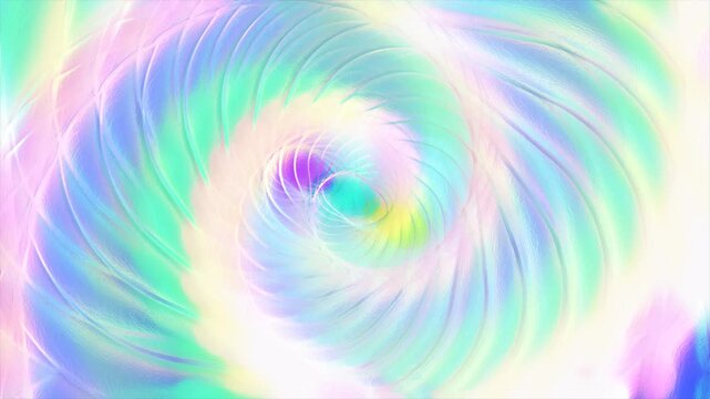 A dreamy abstract iridescent pastel swirl background. High-quality seamless fluid spiral motion loop featuring holographic pink, mint, yellow, and blue colors for modern creative designs.